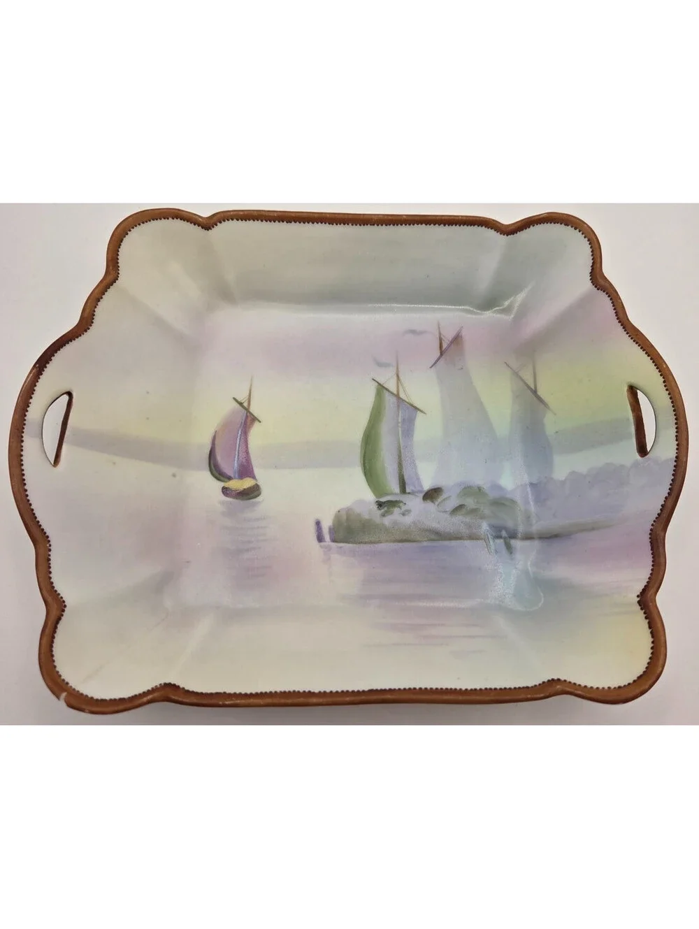 Antique Hand Painted Nippon Porcelain Vanity Tray Sailboat Scene Moriage Beaded